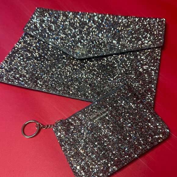 Kate Spade Glitter Clutch & Wallet Set – Sparkly Silver Black – Evening Glam - Picture 1 of 11